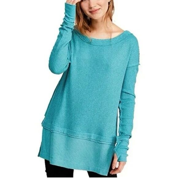 FREE PEOPLE NWT North Shore Waffle Knit Oversized Tunic *Aqua S - Picture 10 of 10